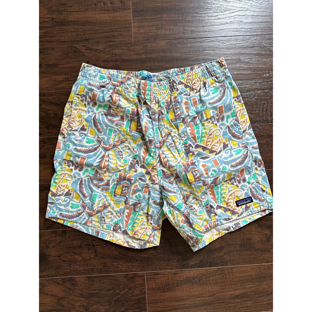 Patagonia Funhogger Shorts Size Large Lago Blue Geometric Cotton Canvas